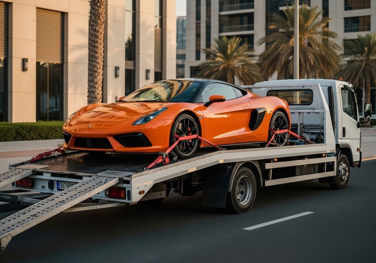 Orange sports car strapped onto a flatbed recovery truck
