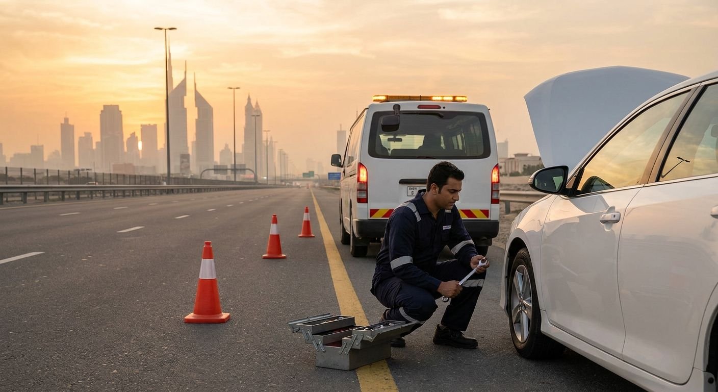 Roadside assistance technician working on a car on a Dubai highway